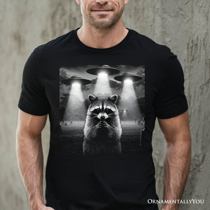 Funny Raccoon UFO T-Shirt, Unisex Black Tee for Space Lover T-Shirts OrnamentallyYou