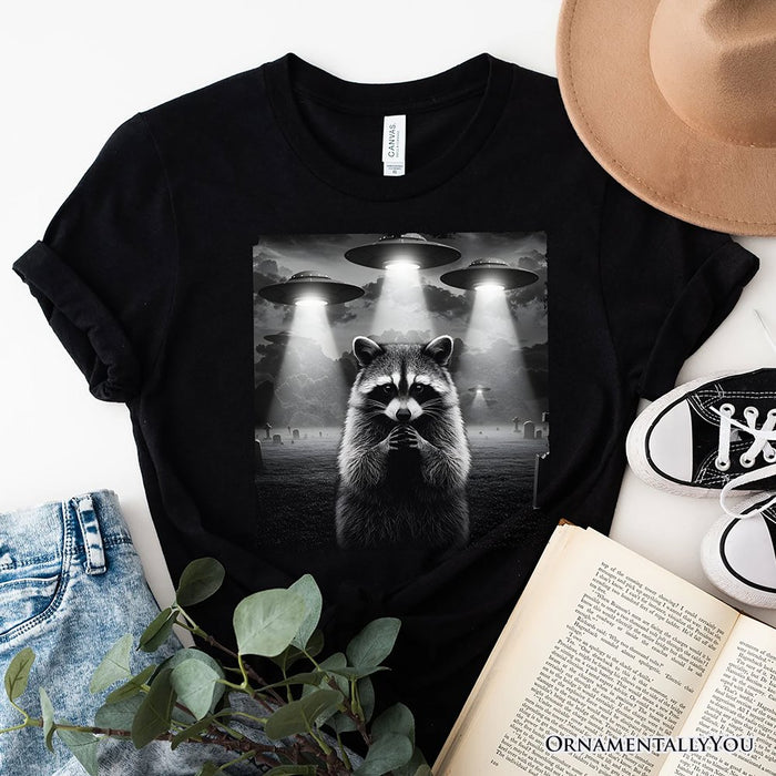 Funny Raccoon UFO T-Shirt, Unisex Black Tee for Space Lover T-Shirts OrnamentallyYou Black XS