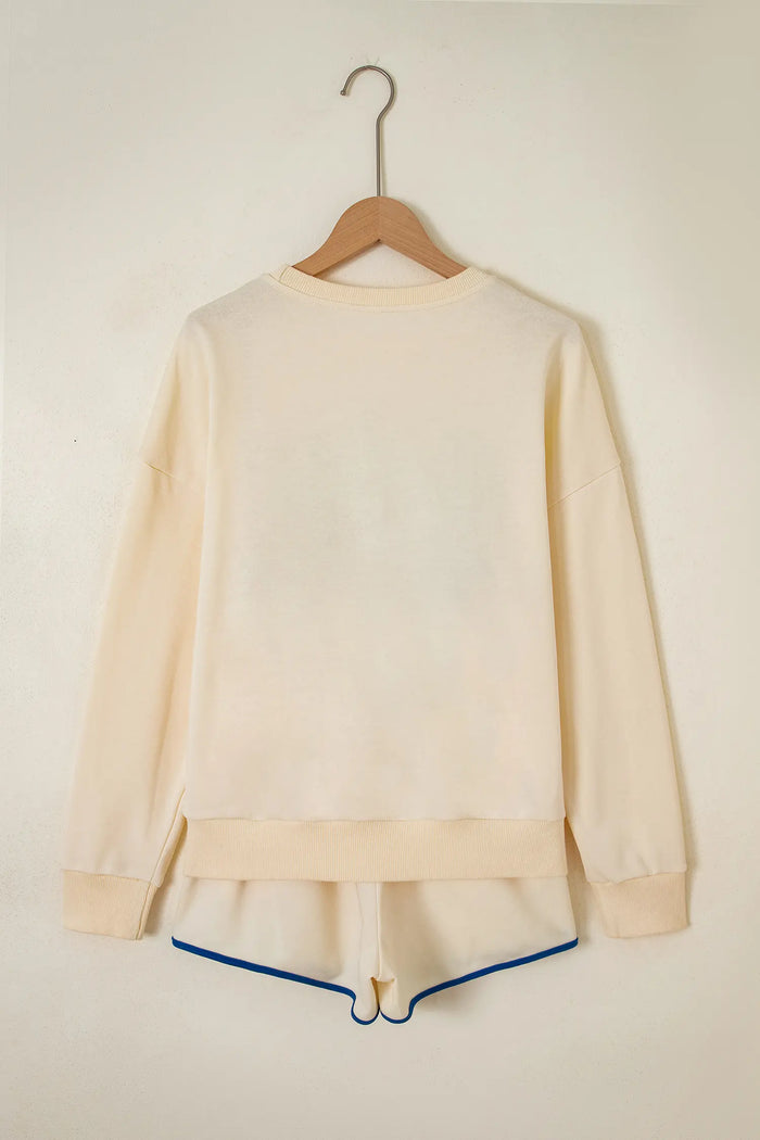 Game Day Crewneck Long Sleeve Pullover Athleisure Short Sets – Beige