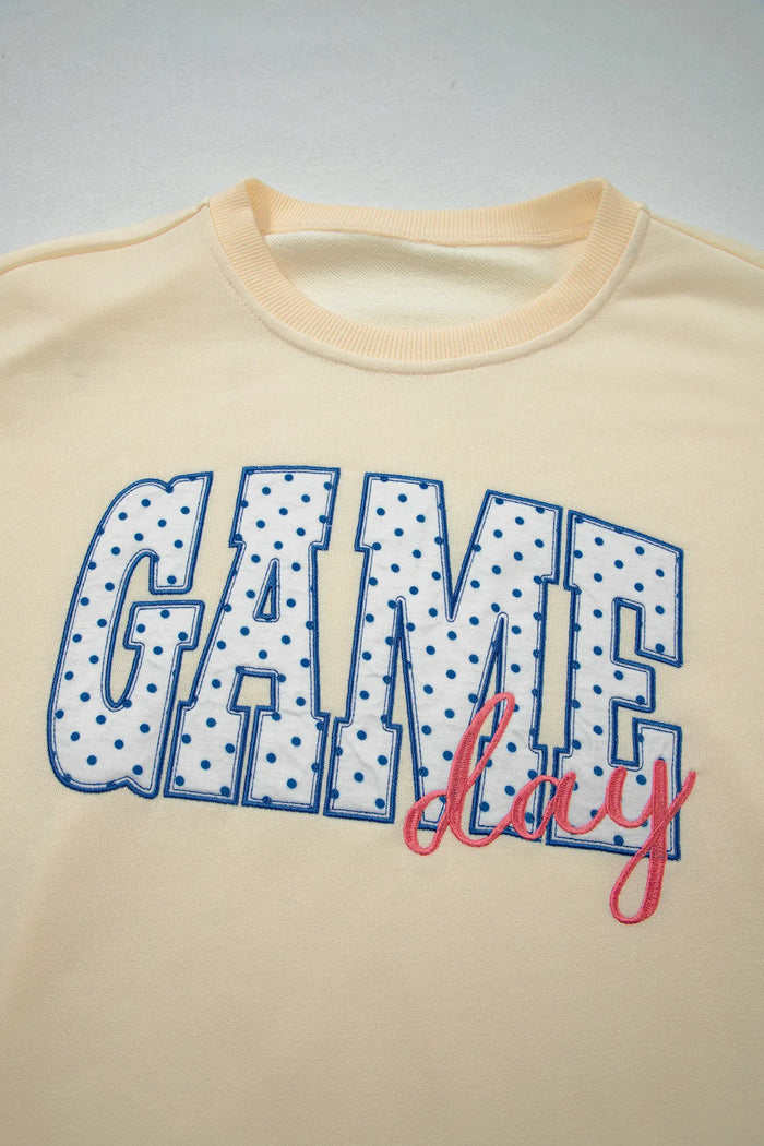 Game Day Crewneck Long Sleeve Pullover Athleisure Short Sets – Beige