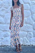 Geometric Print Square Neck Smocked High Waist Ruffle Sleeve Dress