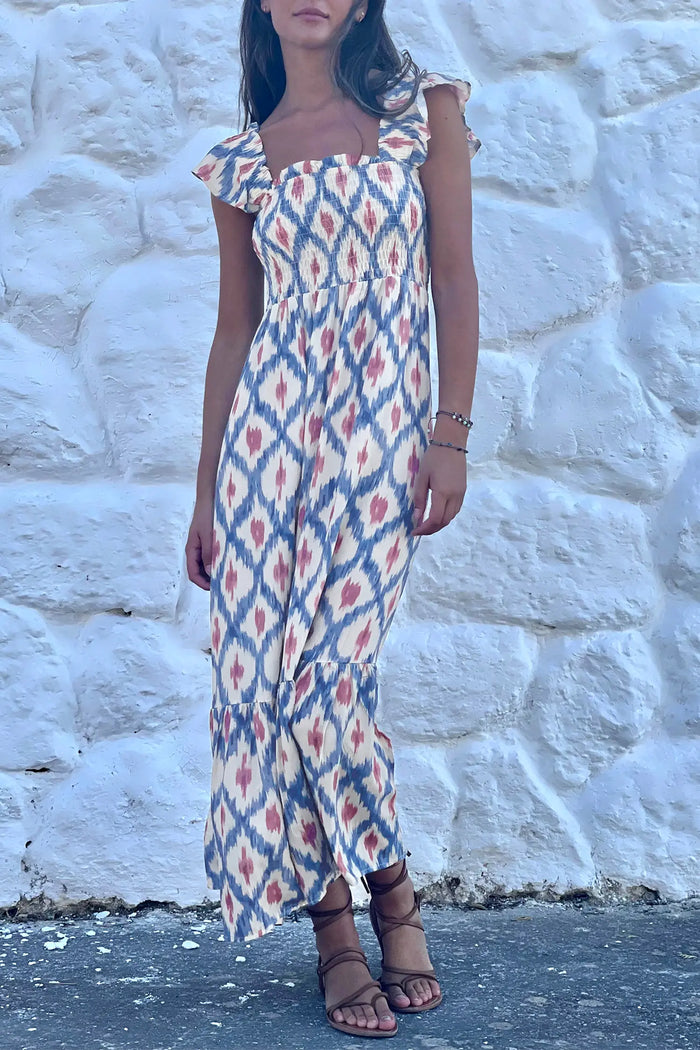 Geometric Print Square Neck Smocked High Waist Ruffle Sleeve Dress