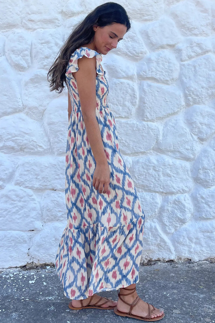 Geometric Print Square Neck Smocked High Waist Ruffle Sleeve Dress