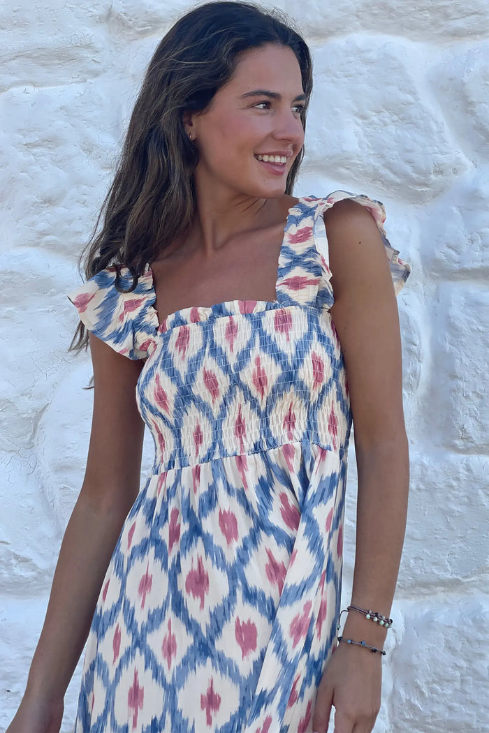 Geometric Print Square Neck Smocked High Waist Ruffle Sleeve Dress