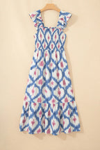 Geometric Print Square Neck Smocked High Waist Ruffle Sleeve Dress
