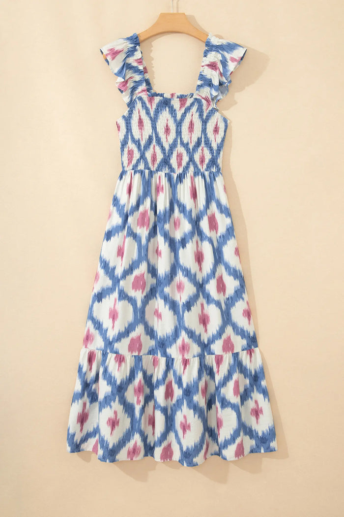 Geometric Print Square Neck Smocked High Waist Ruffle Sleeve Dress