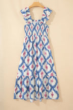 Geometric Print Square Neck Smocked High Waist Ruffle Sleeve Dress