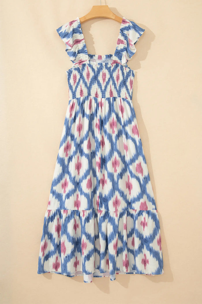 Geometric Print Square Neck Smocked High Waist Ruffle Sleeve Dress
