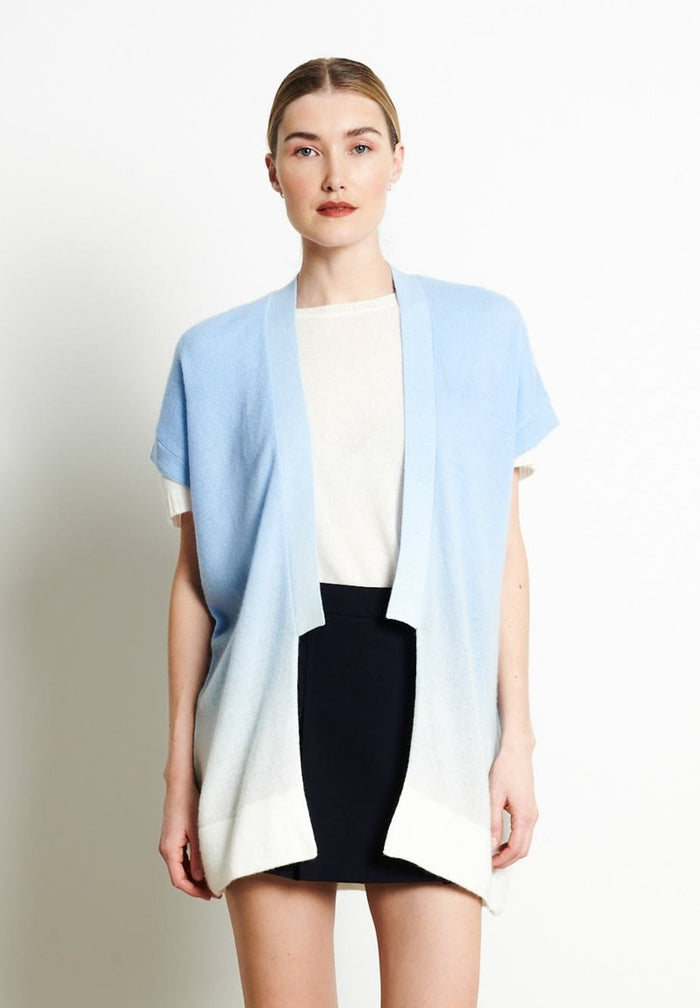 AVA 11 Kimono en cachemire tie & dye blanc écru imprimé bleu ciel