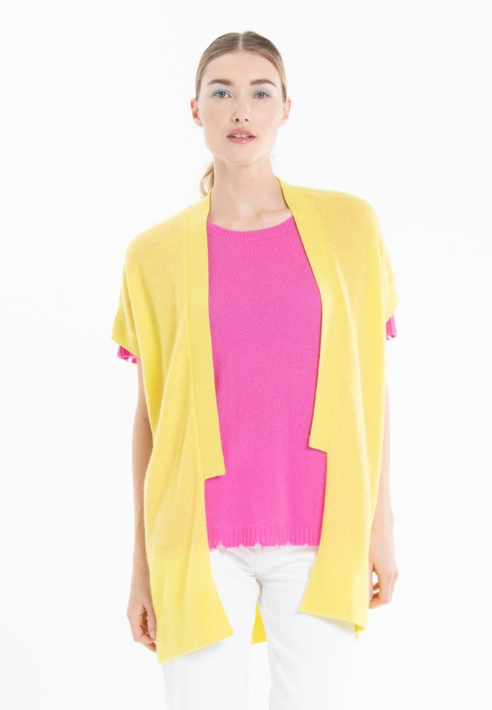 Gilet à manches courtes cachemire jaune fluo femme - RIA 4