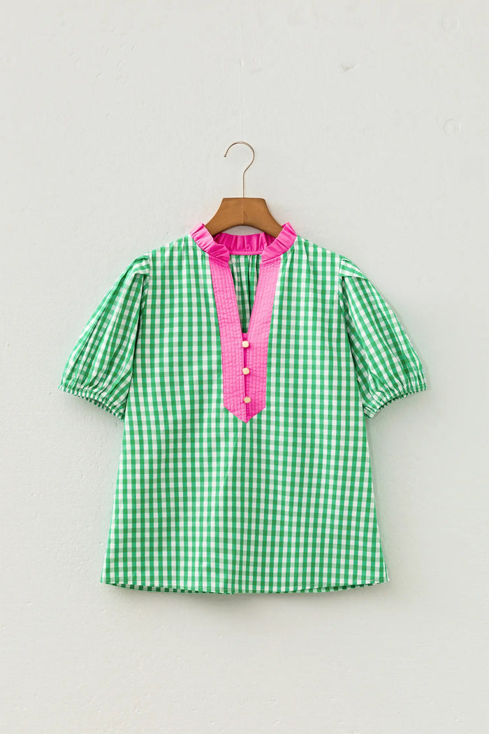 Gingham Plaid Bubble Sleeve Colorblock Trim V Neck Blouse – Green