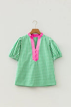 Gingham Plaid Bubble Sleeve Colorblock Trim V Neck Blouse – Green