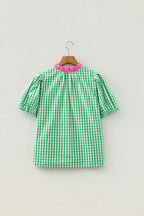 Gingham Plaid Bubble Sleeve Colorblock Trim V Neck Blouse – Green