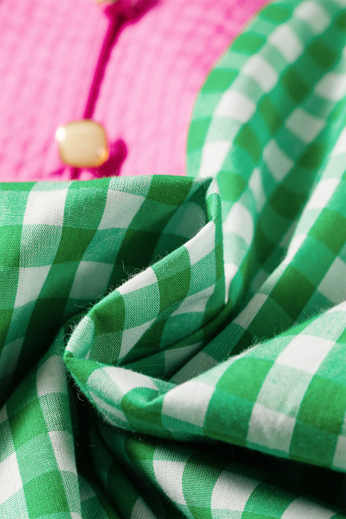 Gingham Plaid Bubble Sleeve Colorblock Trim V Neck Blouse – Green