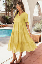 Gingham Textured Bow Tie Sleeve Tiered Midi Dress with Pockets