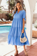Gingham Textured Bow Tie Sleeve Tiered Midi Dress with Pockets