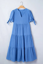 Gingham Textured Bow Tie Sleeve Tiered Midi Dress with Pockets