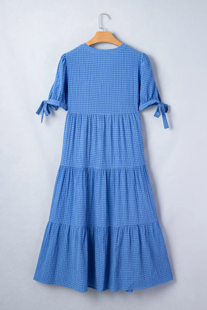 Gingham Textured Bow Tie Sleeve Tiered Midi Dress with Pockets