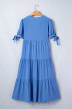 Gingham Textured Bow Tie Sleeve Tiered Midi Dress with Pockets