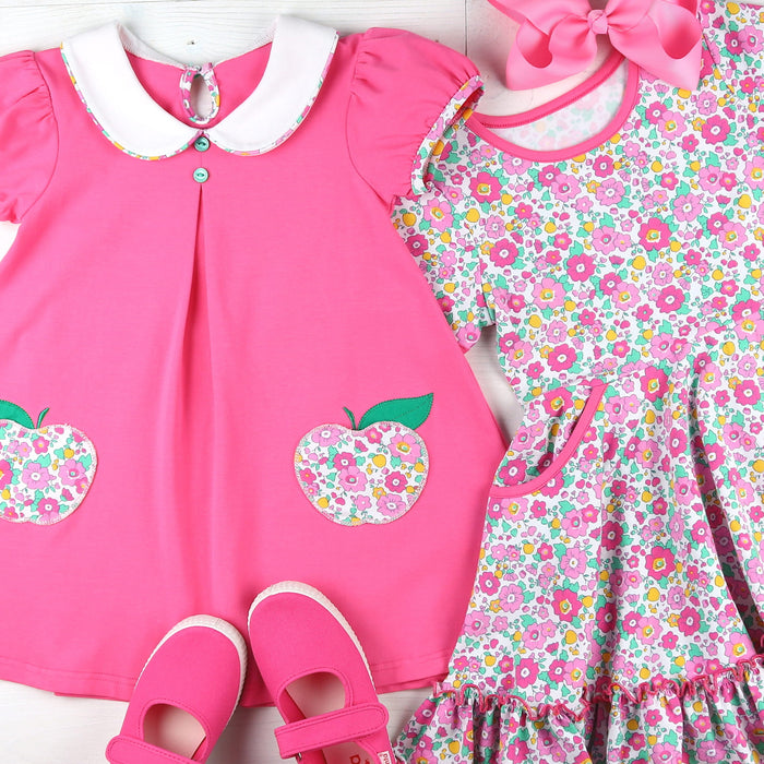 Girls Apple Pocket Dress - Razzleberry