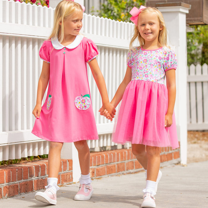 Girls Apple Pocket Dress - Razzleberry