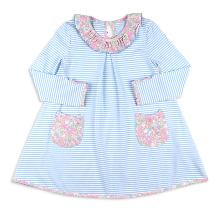 Girls Pocket Dress - Blue Stripe