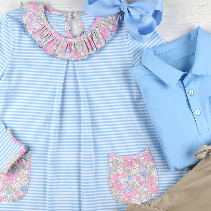 Girls Pocket Dress - Blue Stripe
