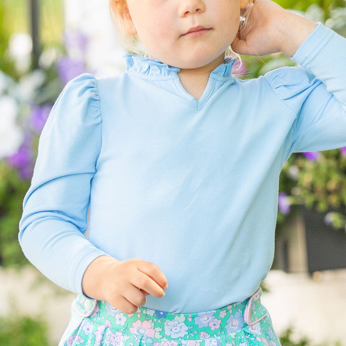 Girls Ruffle Neck Top - Blue Lagoon
