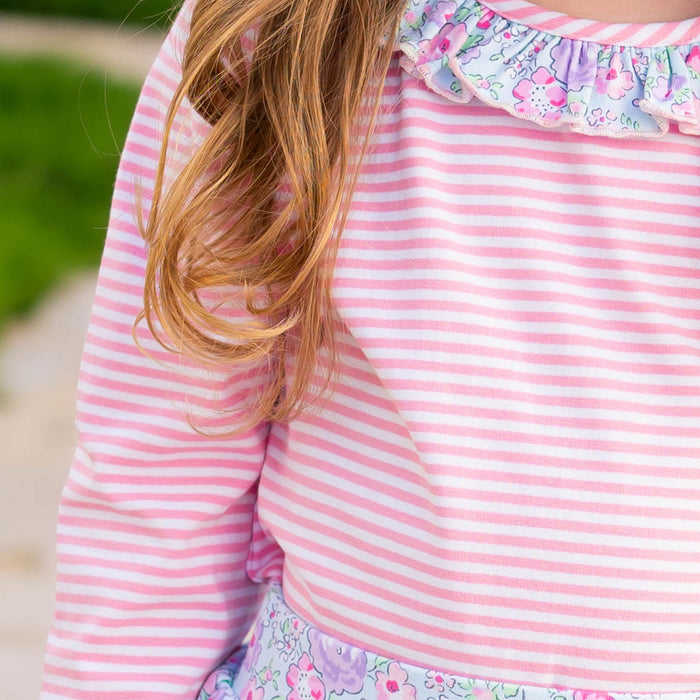 Girls Ruffle Neck Top - Pink Stripe