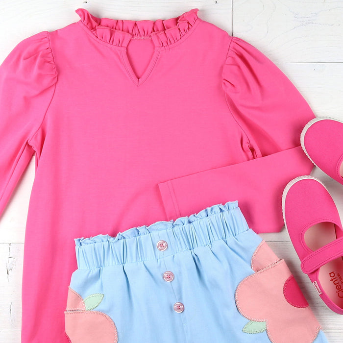 Girls Ruffle Neck Top - Razzleberry