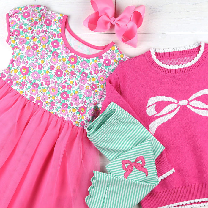 Girls Scallop Leggings - Green Stripe