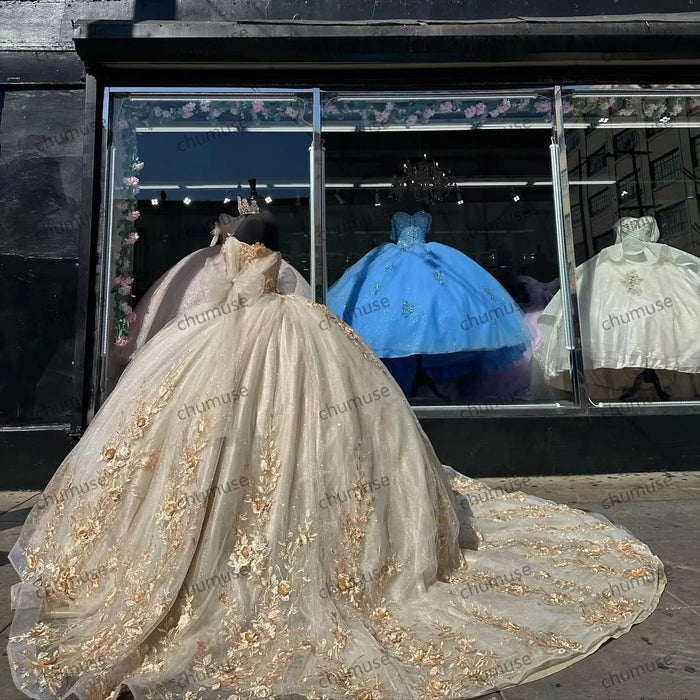 Gold Quinceanera Dresses 3D Appliques Flower Sweet 15 16 Years Birthday Prom Dress
