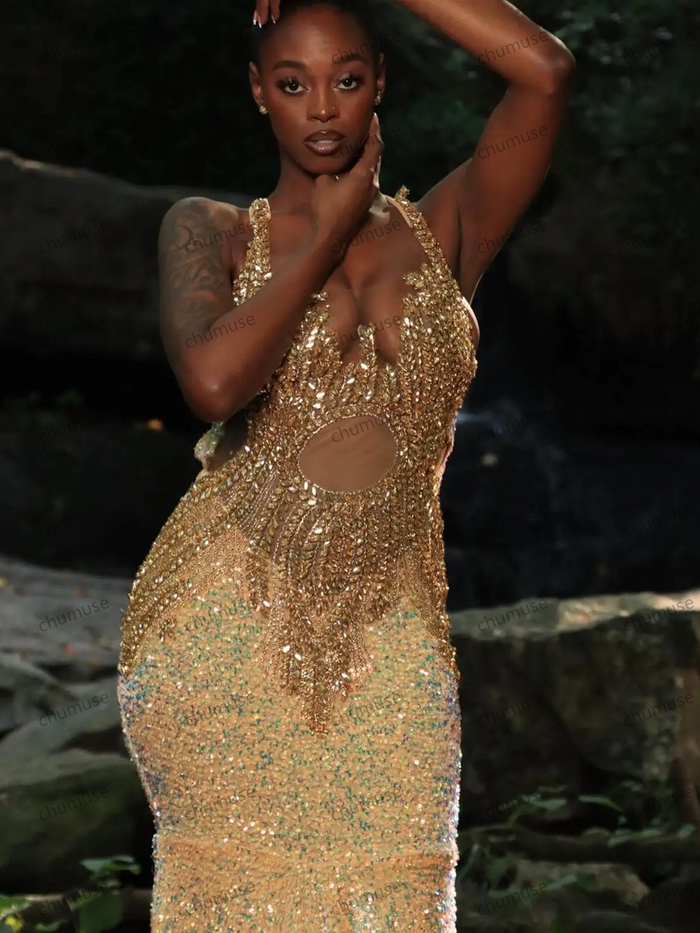 Golden Evening Dresses Mermaid Straps Sequins Crystal Backless Court Gown Party dresses