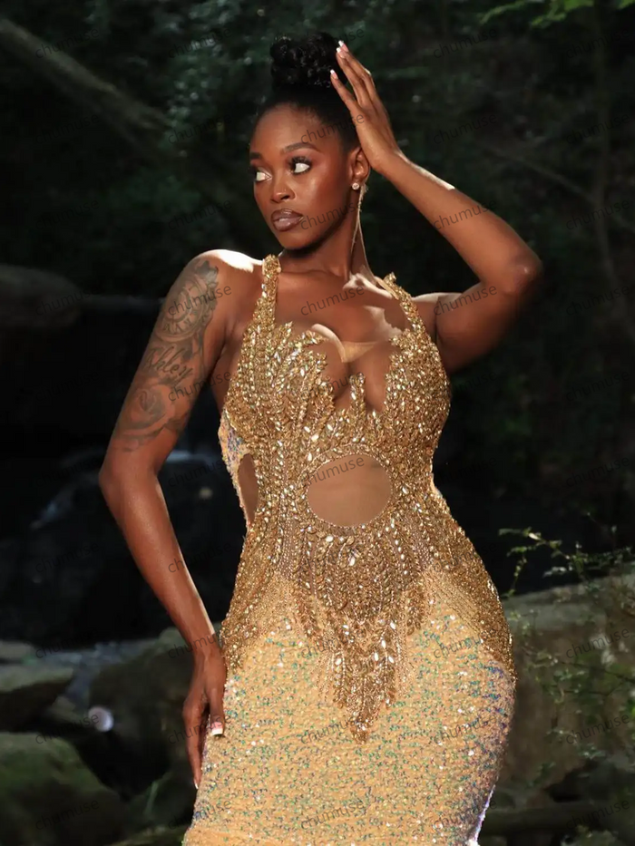Golden Evening Dresses Mermaid Straps Sequins Crystal Backless Court Gown Party dresses
