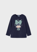 Front view of marino navy Mayoral long-sleeve bow graphic top