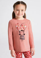 Girl wearing rosado pink Mayoral long-sleeve top with heart graphic