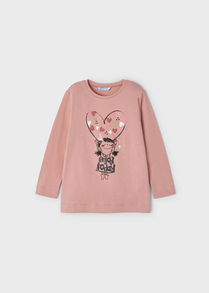 Front view of rosado pink Mayoral long-sleeve heart graphic top