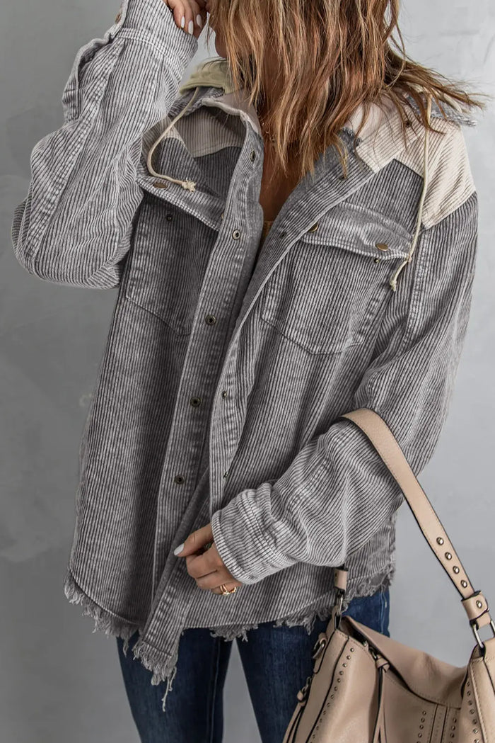 Gray Color Block Button Down Hooded Corduroy Jacket – Gray-2
