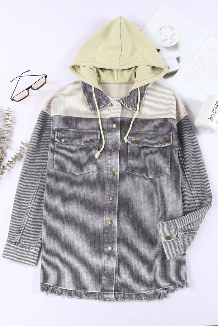 Gray Color Block Button Down Hooded Corduroy Jacket – Gray-2