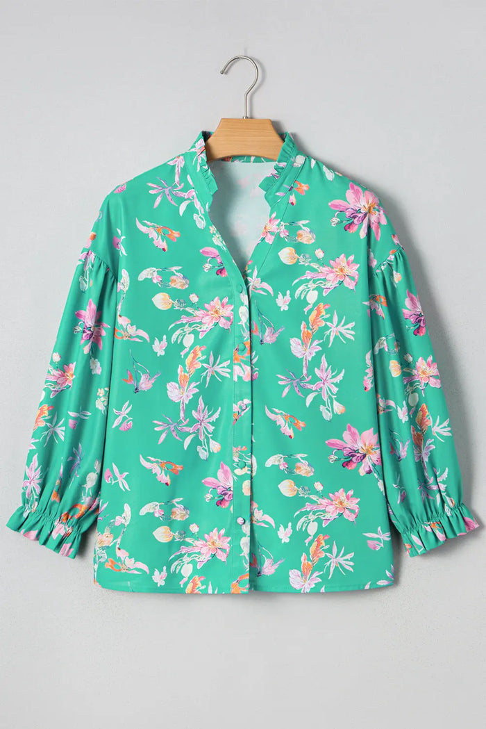 Green Floral Lantern Sleeve Button Front Shirt - S - Tops/Blouses & Shirts