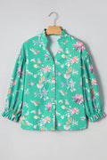 Green Floral Lantern Sleeve Button Front Shirt - S - Tops/Blouses & Shirts