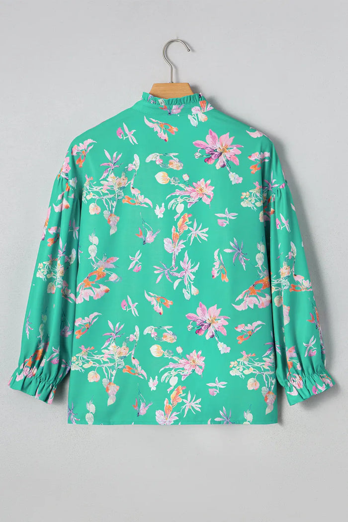 Green Floral Lantern Sleeve Button Front Shirt - Tops/Blouses & Shirts