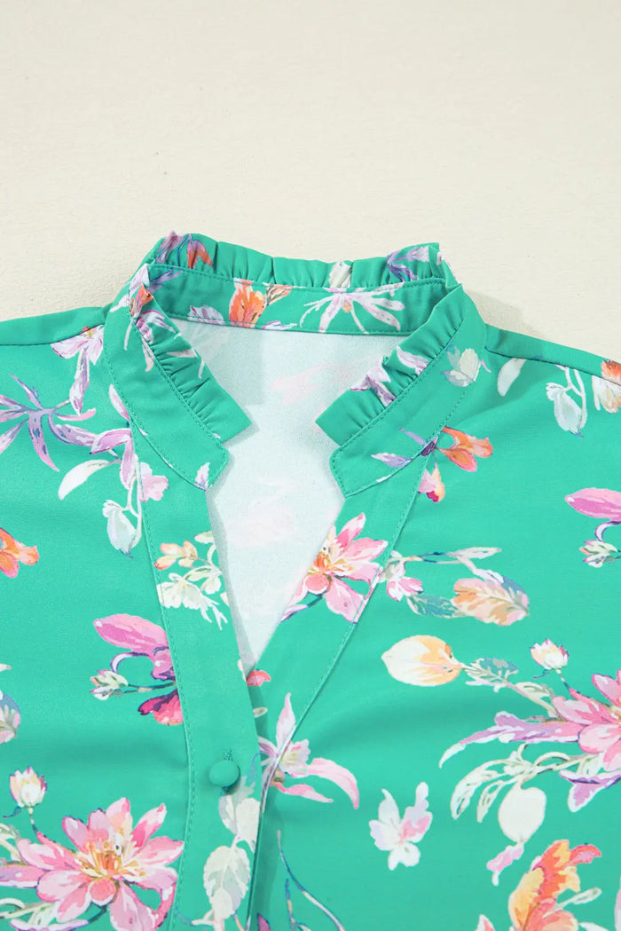 Green Floral Lantern Sleeve Button Front Shirt - Tops/Blouses & Shirts