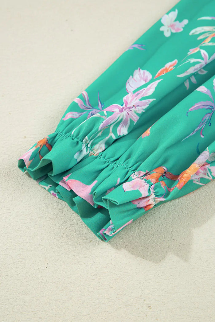 Green Floral Lantern Sleeve Button Front Shirt - Tops/Blouses & Shirts