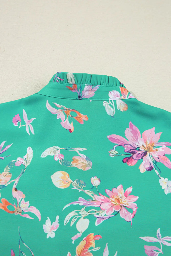 Green Floral Lantern Sleeve Button Front Shirt - Tops/Blouses & Shirts