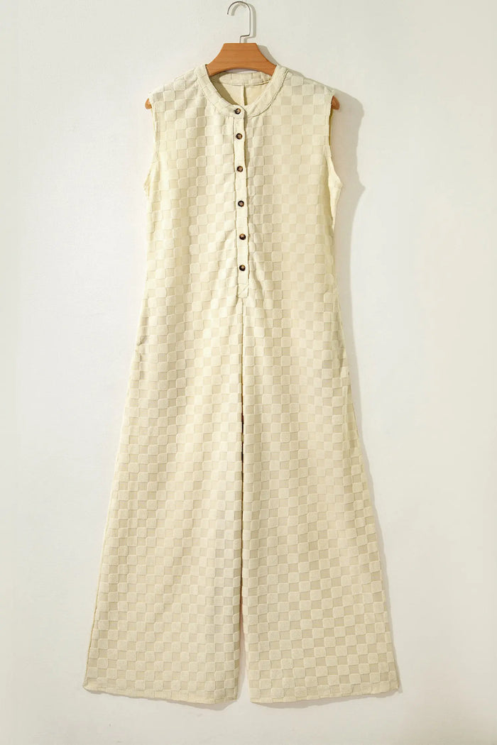Half Buttons Sleeveless Wide Leg Textured Jumpsuit