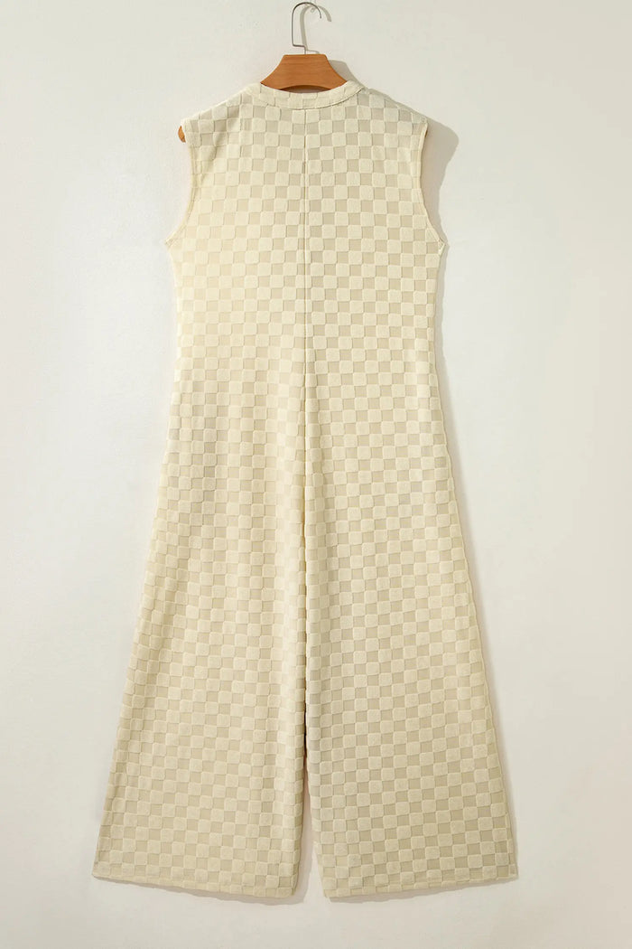 Half Buttons Sleeveless Wide Leg Textured Jumpsuit