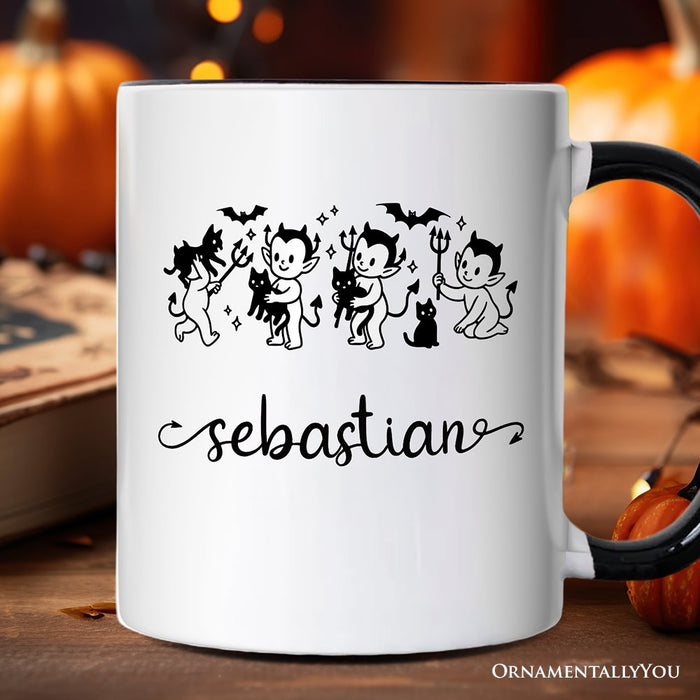 Halloween Devils and Cats Personalized Mug, Spooky Season Gift with Custom Name Personalized Ceramic Mug OrnamentallyYou White - Black Customized