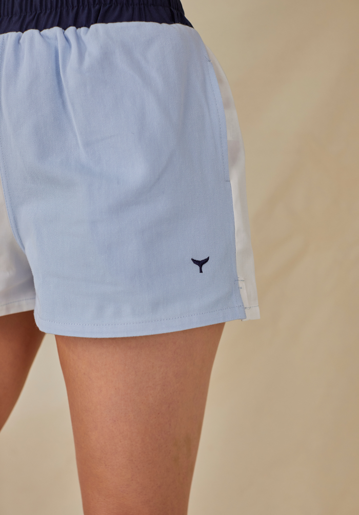 Heacham Women's Rugby Shorts - White/Blue - Whale Of A Time Clothing