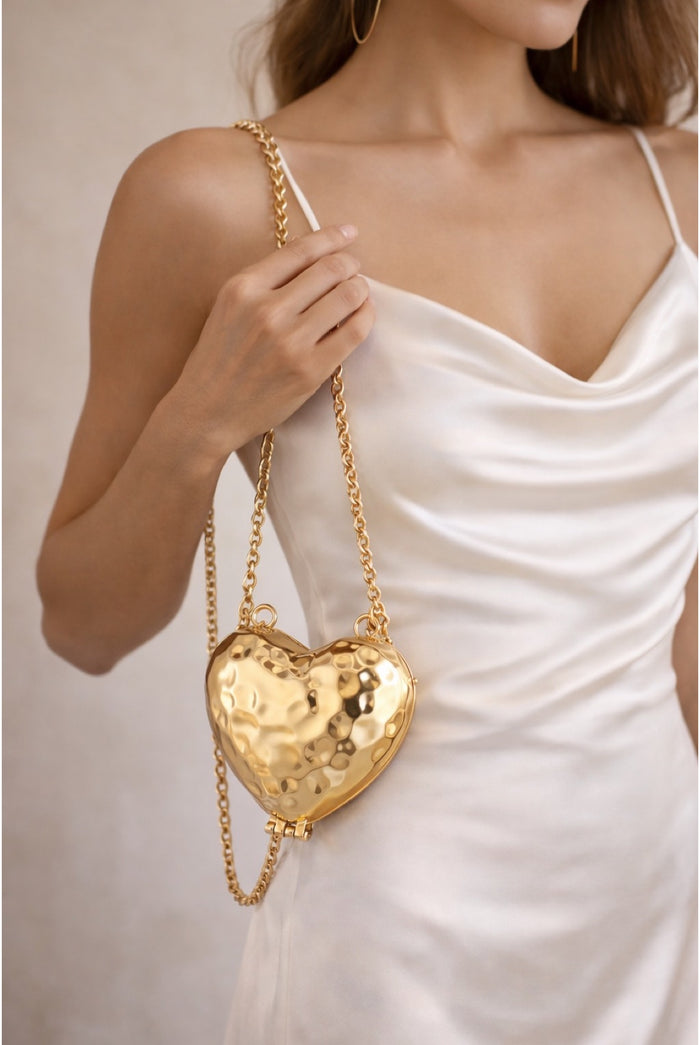 Heart Shaped Hammered Metal Coin Purse With Chain
